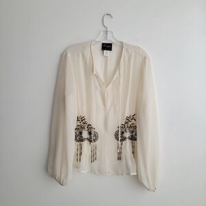RANDOLPH DUKE Sheer Off White Beaded Boho Flounce Top